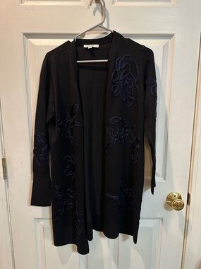 Chico's Black Long Open Cardigan with Navy Floral Appliqué